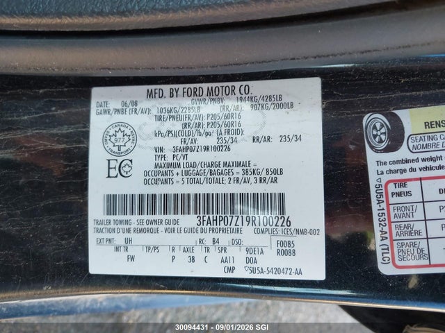 2009 Ford Fusion Se მანქანა იყიდება აუქციონზე, vin: 3FAHP07Z19R100226, აუქციონის ნომერი: 30094431