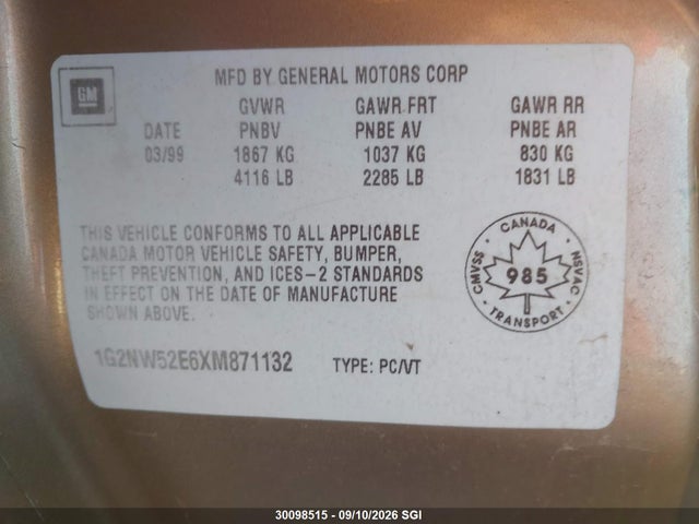 Aukcja sprzedaży 1999 Pontiac Grand Am Gt, vin: 1G2NW52E6XM871132, numer aukcji: 30098515