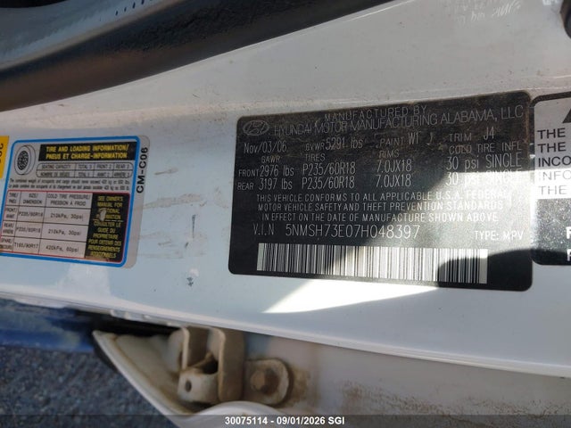 2007 Hyundai Santa Fe Se/limited მანქანა იყიდება აუქციონზე, vin: 5NMSH73E07H048397, აუქციონის ნომერი: 30075114