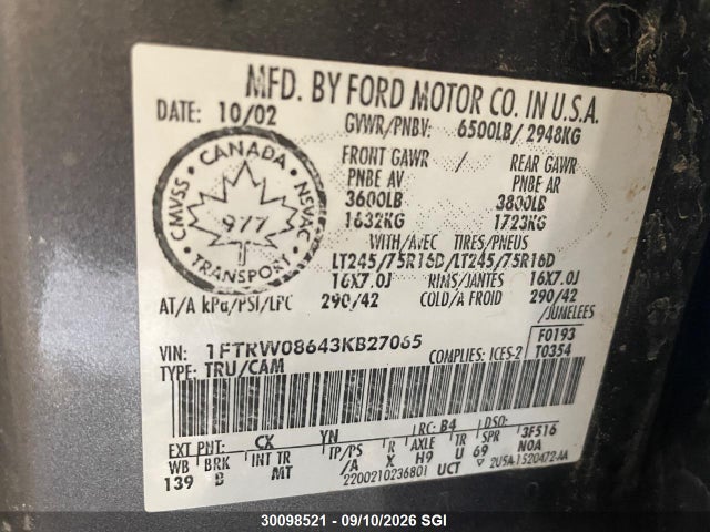 Продажа на аукционе авто 2003 Ford F150 Supercrew, vin: 1FTRW08643KB27065, номер лота: 30098521