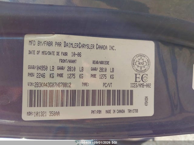 2007 Dodge Charger Se/sxt მანქანა იყიდება აუქციონზე, vin: 2B3KA43G07H678812, აუქციონის ნომერი: 30098409