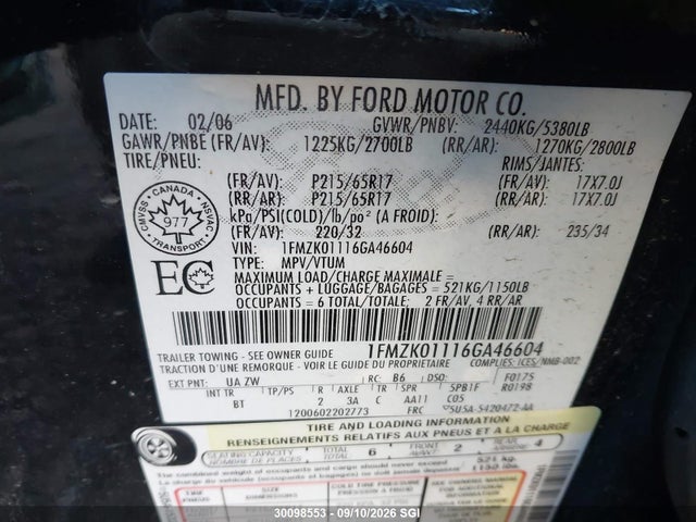 30098553 :رقم المزاد ، 1FMZK01116GA46604 vin ، 2006 Ford Freestyle Se مزاد بيع