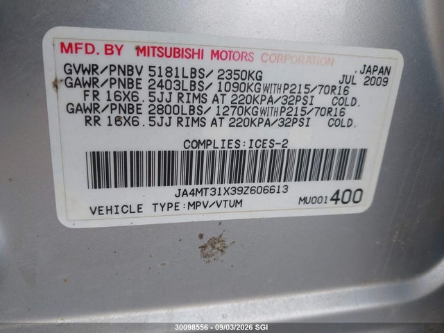 Aukcja sprzedaży 2009 Mitsubishi Outlander Se, vin: JA4MT31X39Z606613, numer aukcji: 30098556