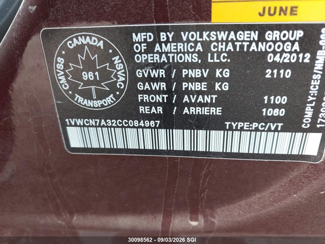 Продаж на аукціоні авто 2012 Volkswagen Passat Sel, vin: 1VWCN7A32CC084967, номер лоту: 30098562