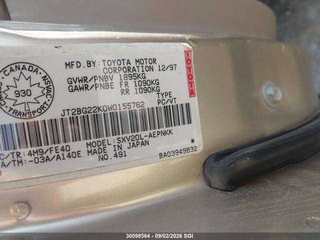 1998 Toyota Camry Ce/le/xle მანქანა იყიდება აუქციონზე, vin: JT2BG22K0W0155762, აუქციონის ნომერი: 30098564