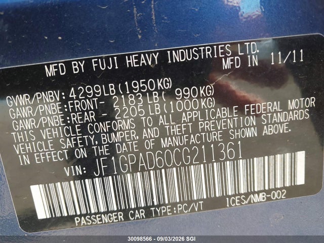30098566 :رقم المزاد ، JF1GPAD60CG211361 vin ، 2012 Subaru Impreza Premium مزاد بيع
