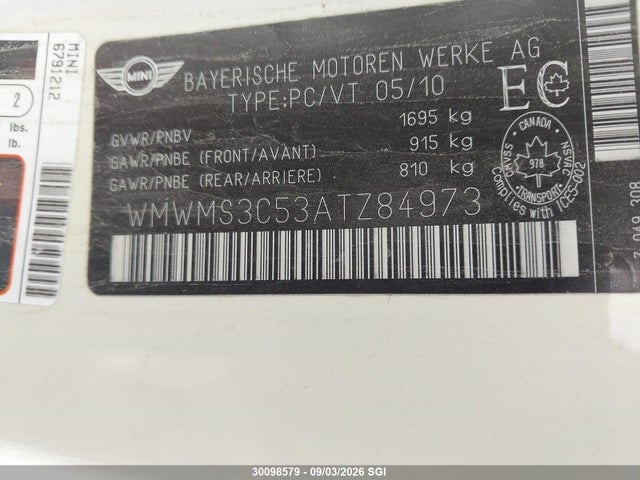 Продажа на аукционе авто 2010 Mini Cooper S, vin: WMWMS3C53ATZ84973, номер лота: 30098579
