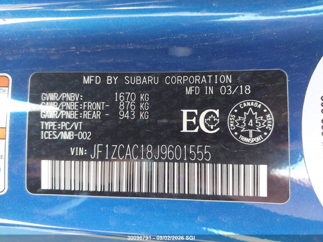 30096791 :رقم المزاد ، JF1ZCAC18J9601555 vin ، 2018 Subaru Brz 2.0 Limited/blue.series مزاد بيع