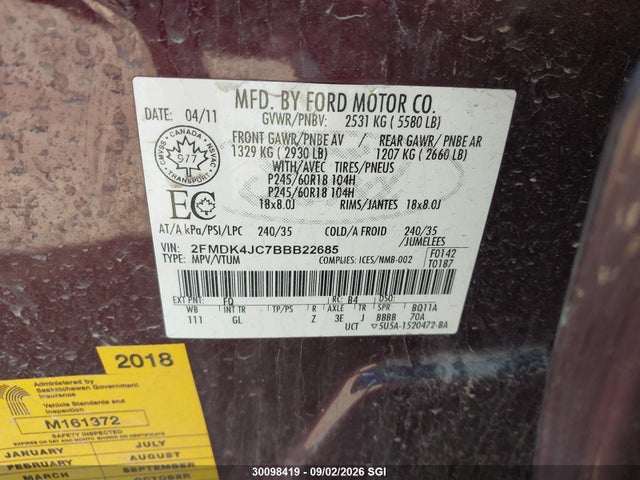 Продаж на аукціоні авто 2011 Ford Edge Sel, vin: 2FMDK4JC7BBB22685, номер лоту: 30098419