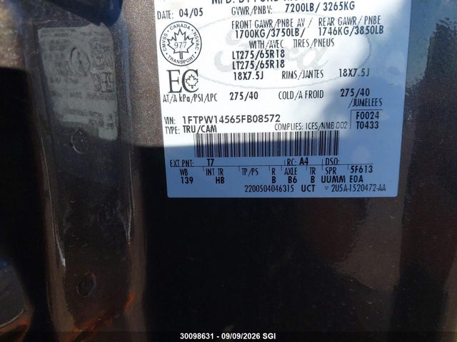 30098631 :رقم المزاد ، 1FTPW14565FB08572 vin ، 2005 Ford F150 Supercrew مزاد بيع