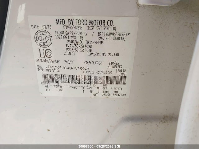 2013 Ford Edge Sel მანქანა იყიდება აუქციონზე, vin: 2FMDK4JC4DBC00021, აუქციონის ნომერი: 30098650