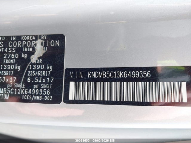 30098655 :رقم المزاد ، KNDMB5C13K6499356 vin ، 2019 Kia Sedona Lx/ex مزاد بيع
