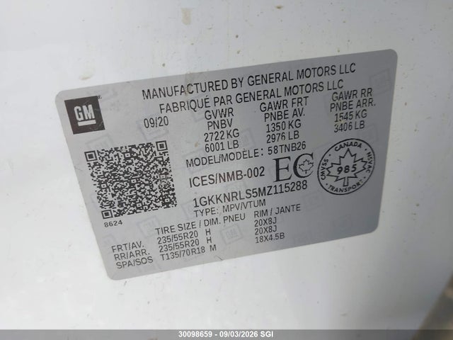30098659 :رقم المزاد ، 1GKKNRLS5MZ115288 vin ، 2021 Gmc Acadia Sle مزاد بيع