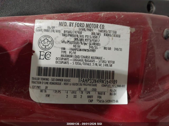 30080136 :رقم المزاد ، 1FAHP33N49W264989 vin ، 2009 Ford Focus Ses مزاد بيع