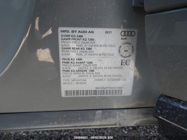 Aukcja sprzedaży 2021 Audi Q5 Progressiv, vin: WA1EAAFYXM2077047, numer aukcji: 30098663