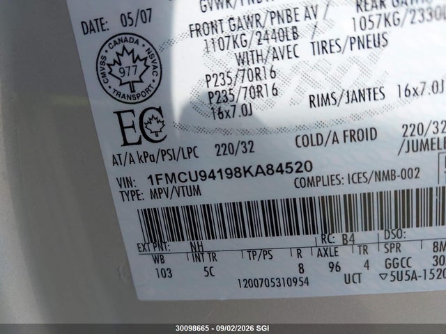 2008 Ford Escape Limited მანქანა იყიდება აუქციონზე, vin: 1FMCU94198KA84520, აუქციონის ნომერი: 30098665