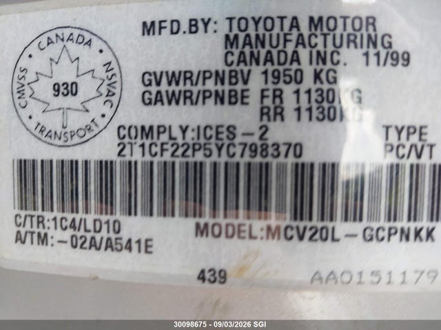 30098675 :رقم المزاد ، 2T1CF22P5YC798370 vin ، 2000 Toyota Camry Solara Se/sle مزاد بيع