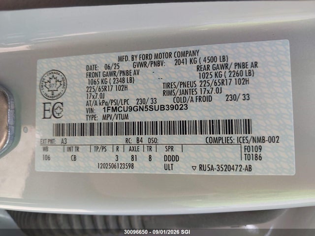 Продажа на аукционе авто 2025 Ford Escape Active, vin: 1FMCU9GN5SUB39023, номер лота: 30096650