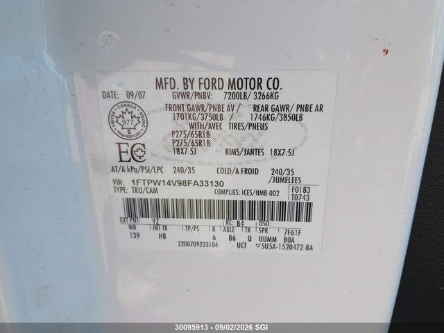 Продаж на аукціоні авто 2008 Ford F150 Supercrew, vin: 1FTPW14V98FA33130, номер лоту: 30095913