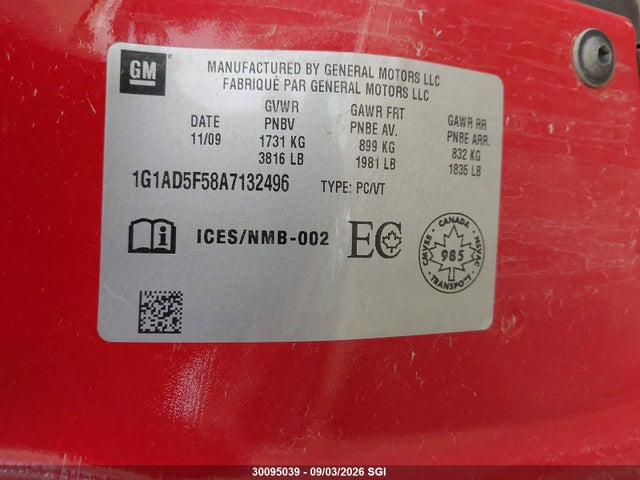 2010 Chevrolet Cobalt 1lt მანქანა იყიდება აუქციონზე, vin: 1G1AD5F58A7132496, აუქციონის ნომერი: 30095039