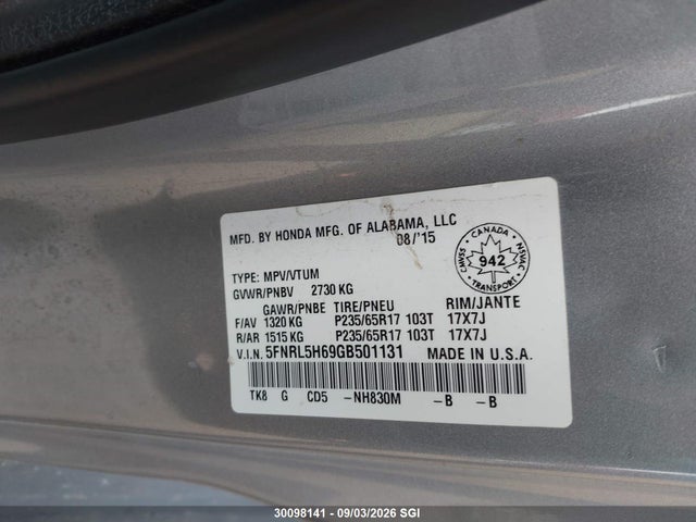 5FNRL5H69GB501131 Honda ODYSSEY EXL