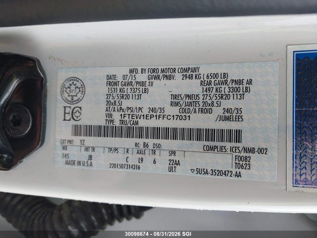 Продаж на аукціоні авто 2015 Ford F150 Supercrew, vin: 1FTEW1EP1FFC17031, номер лоту: 30098674