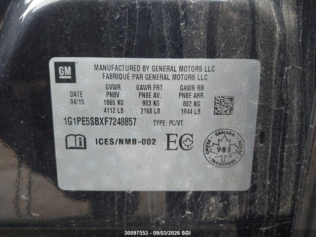 2015 Chevrolet Cruze Lt მანქანა იყიდება აუქციონზე, vin: 1G1PE5SBXF7248857, აუქციონის ნომერი: 30097553