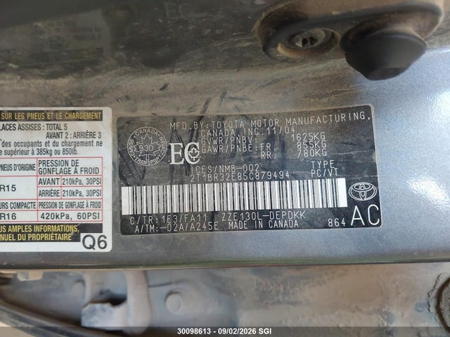 Auction sale of the 2005 Toyota Corolla Ce/le/s, vin: 2T1BR32E85C879494, lot number: 30098613