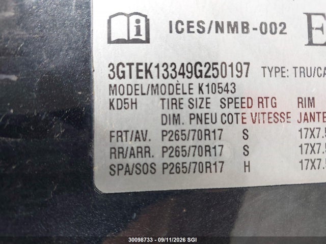 Продаж на аукціоні авто 2009 Gmc Sierra K1500, vin: 3GTEK13349G250197, номер лоту: 30098733