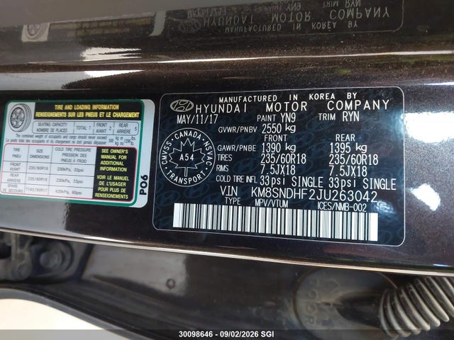 Auction sale of the 2018 Hyundai Santa Fe Se/limited, vin: KM8SNDHF2JU263042, lot number: 30098646