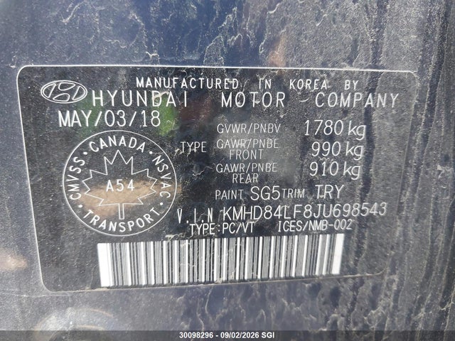 30098296 :رقم المزاد ، KMHD84LF8JU698543 vin ، 2018 Hyundai Elantra Sel/value/limited مزاد بيع