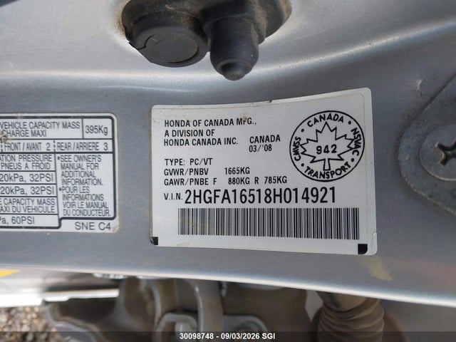 Продажа на аукционе авто 2008 Honda Civic Lx, vin: 2HGFA16518H014921, номер лота: 30098748