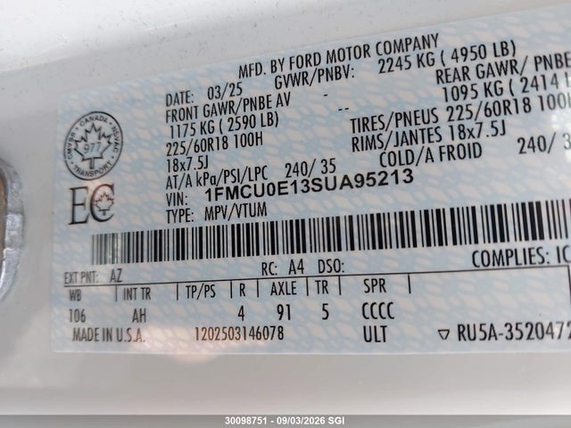 2025 Ford Escape მანქანა იყიდება აუქციონზე, vin: 1FMCU0E13SUA95213, აუქციონის ნომერი: 30098751