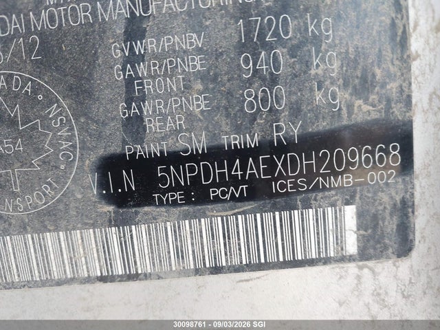 30098761 :رقم المزاد ، 5NPDH4AEXDH209668 vin ، 2013 Hyundai Elantra Gls/limited مزاد بيع