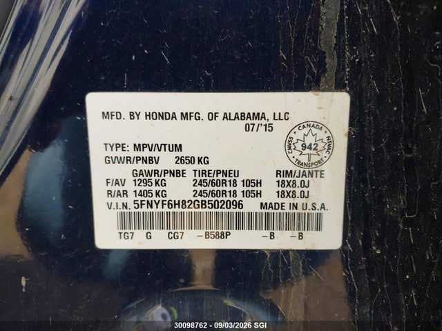 Honda PILOT EXL 2016 5FNYF6H82GB502096 Image 9