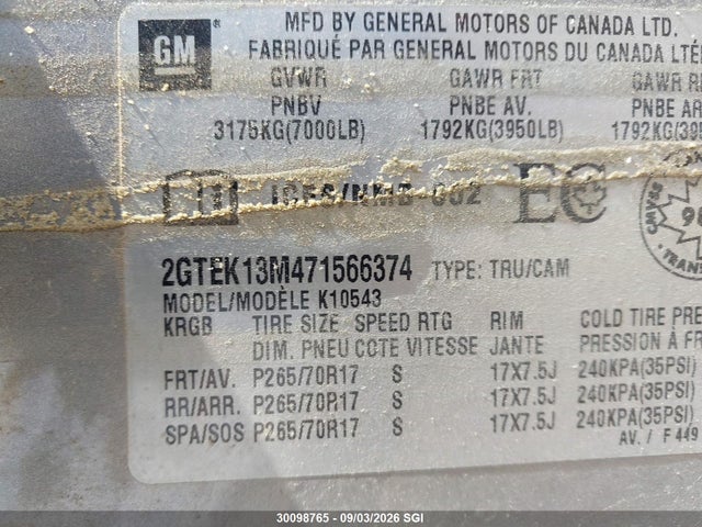 30098765 :رقم المزاد ، 2GTEK13M471566374 vin ، 2007 Gmc New Sierra K1500 مزاد بيع