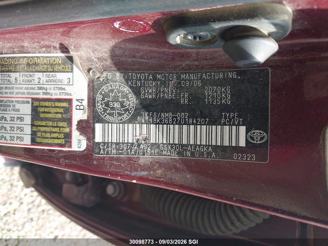 Auction sale of the 2007 Toyota Avalon Xl/xls/touring/limited, vin: 4T1BK36B27U184207, lot number: 30098773
