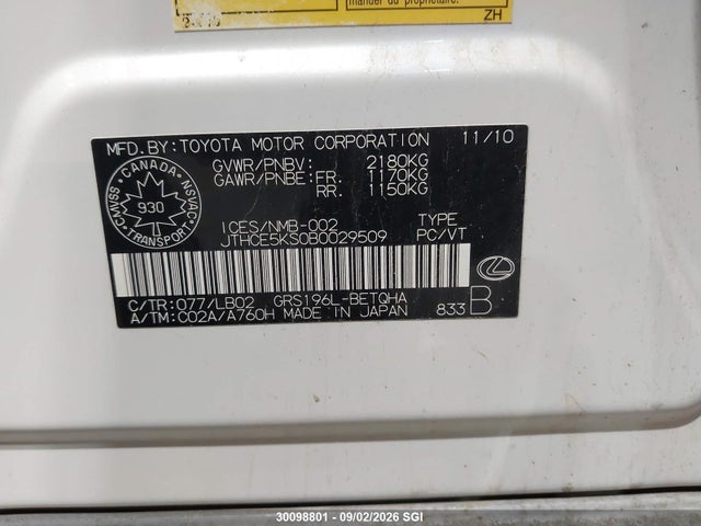 Продажа на аукционе авто 2011 Lexus Gs 350, vin: JTHCE5KS0B0029509, номер лота: 30098801