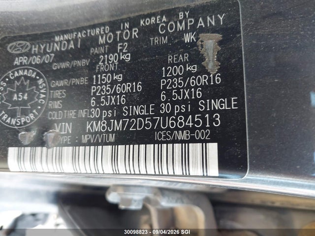 2007 Hyundai Tucson Gl/gls მანქანა იყიდება აუქციონზე, vin: KM8JM72D57U684513, აუქციონის ნომერი: 30098823