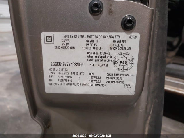 2000 Chevrolet Silverado 1500 Ls მანქანა იყიდება აუქციონზე, vin: 2GCEC19V7Y1322099, აუქციონის ნომერი: 30098820