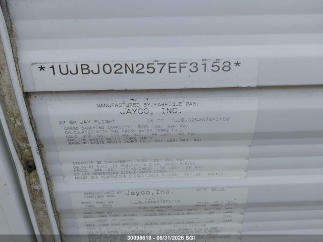 2005 Jayco 2700rl მანქანა იყიდება აუქციონზე, vin: 1UJBJ02N257EF3158, აუქციონის ნომერი: 30098618