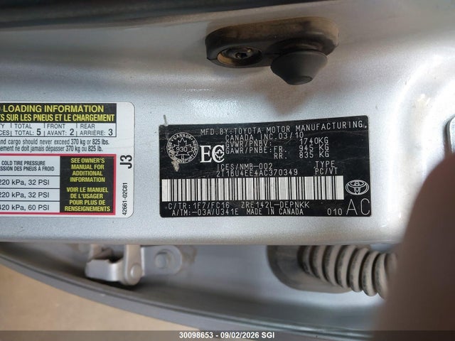 30098653 :رقم المزاد ، 2T1BU4EE4AC370349 vin ، 2010 Toyota Corolla S/le/xle مزاد بيع