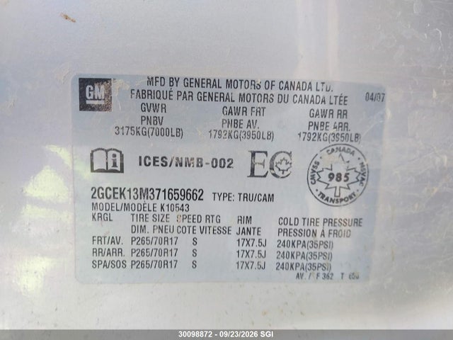 Продажа на аукционе авто 2007 Chevrolet Silverado K1500 Crew Cab, vin: 2GCEK13M371659662, номер лота: 30098872