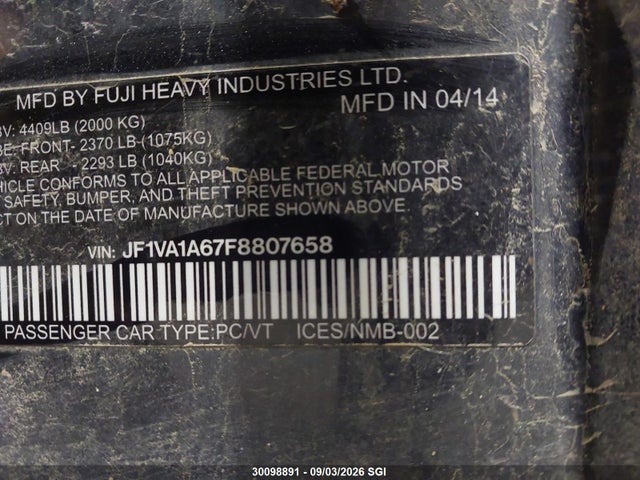 30098891 :رقم المزاد ، JF1VA1A67F8807658 vin ، 2015 Subaru Wrx مزاد بيع