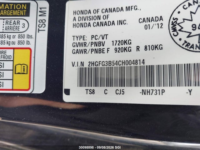 Aukcja sprzedaży 2012 Honda Civic Lx, vin: 2HGFG3B54CH004814, numer aukcji: 30098898
