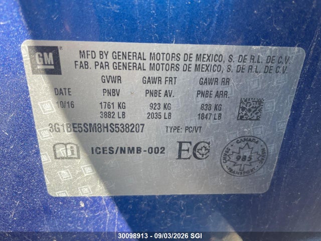 Chevrolet CRUZE LT 2017 3G1BE5SM8HS538207 Image 9