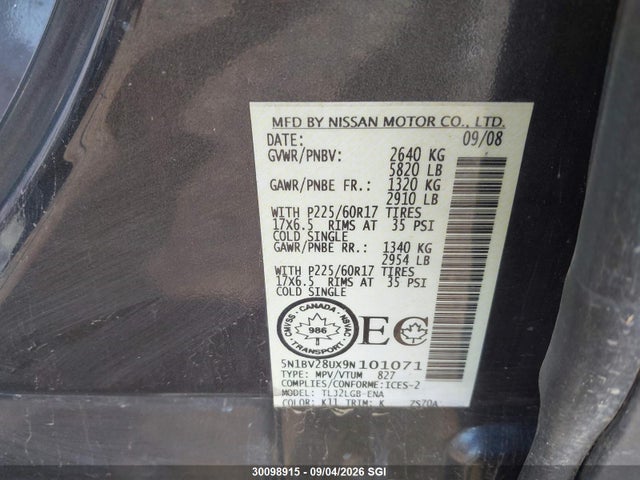 Продаж на аукціоні авто 2009 Nissan Quest S/se/sl, vin: 5N1BV28UX9N101071, номер лоту: 30098915