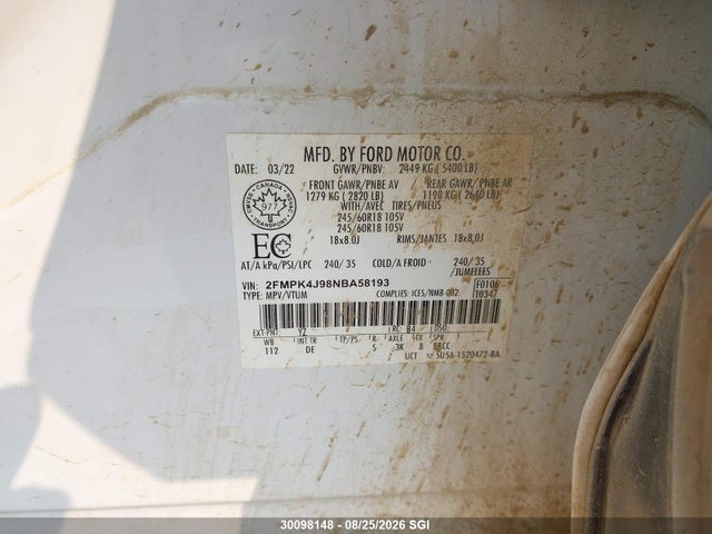 Продаж на аукціоні авто 2022 Ford Edge Sel, vin: 2FMPK4J98NBA58193, номер лоту: 30098148