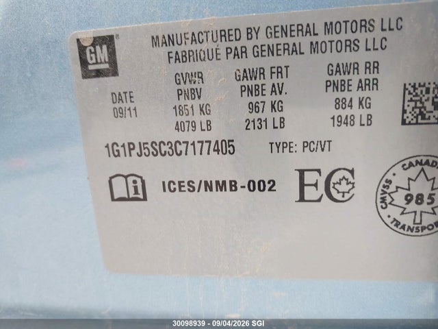 Продажа на аукционе авто 2012 Chevrolet Cruze Eco, vin: 1G1PJ5SC3C7177405, номер лота: 30098939