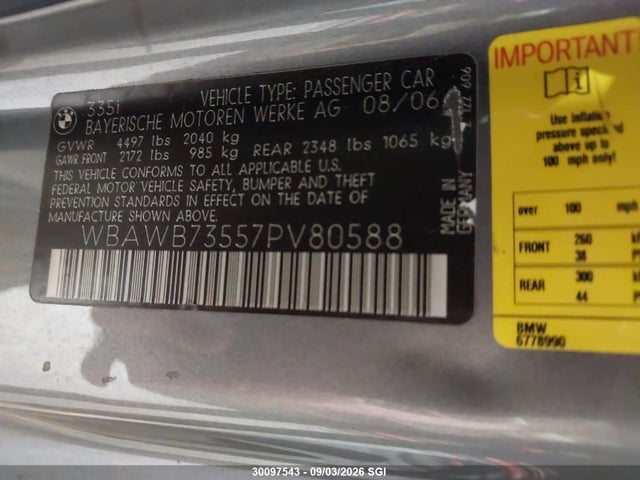 Продаж на аукціоні авто 2007 Bmw 335 I, vin: WBAWB73557PV80588, номер лоту: 30097543
